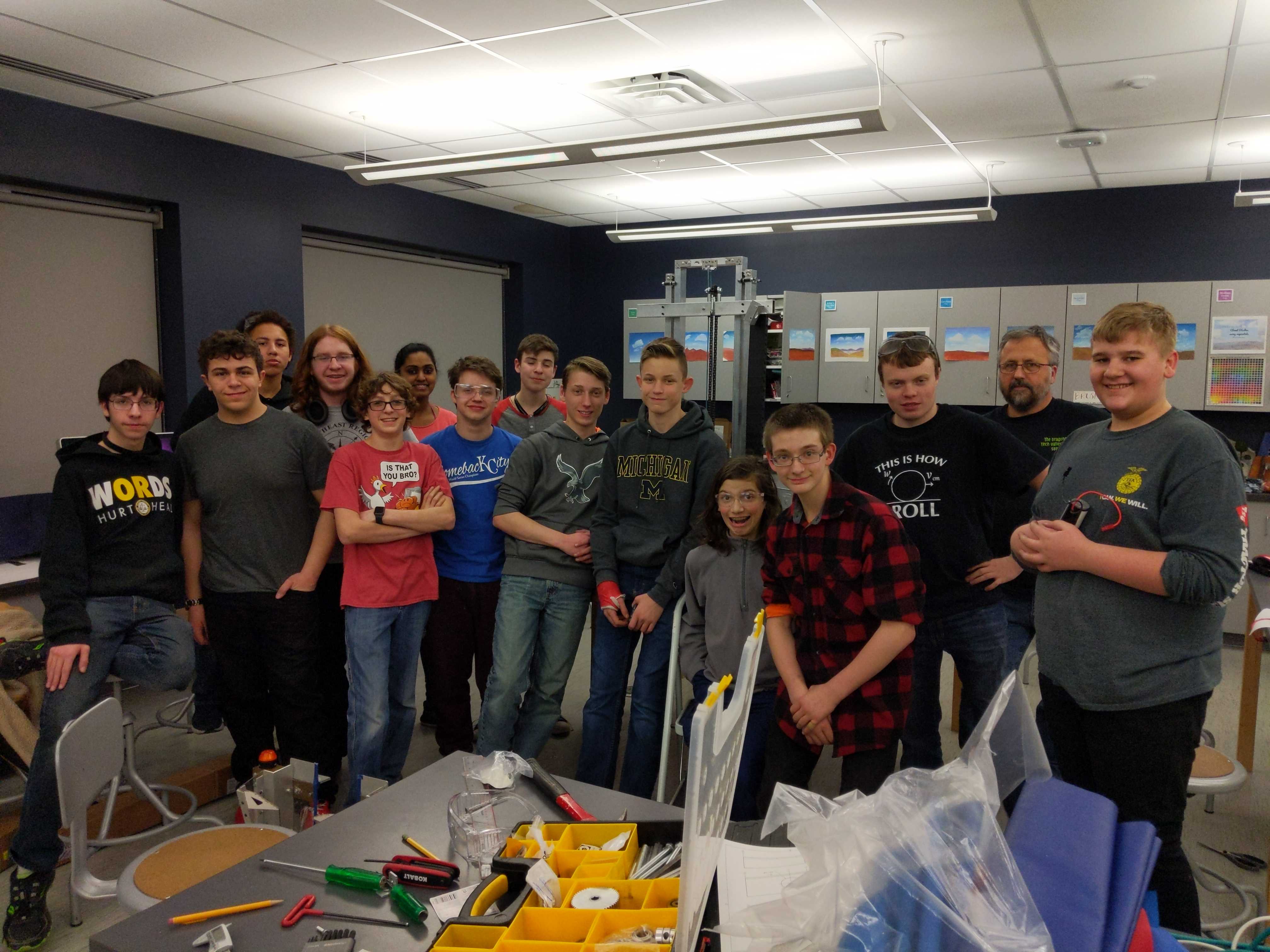 Photo of TVHS robotics team posing in a classroom